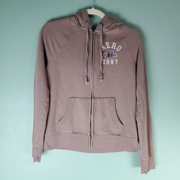 Aeropostale Womens Mocha Brown Zip Up Floral Embroidered Hoodie Size Medium - Picture 1 of 7